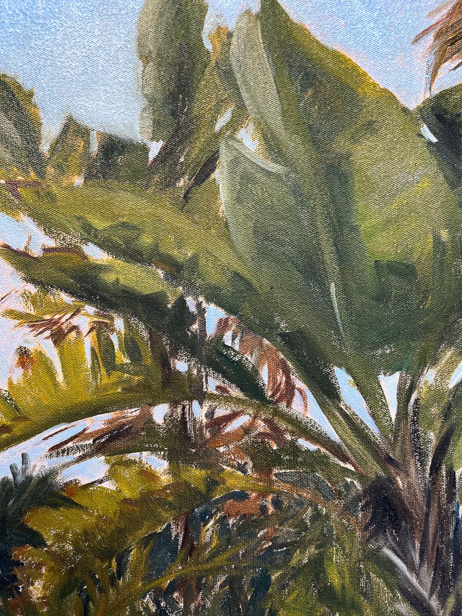 oil painting on canvas of banana trees against a blue sky