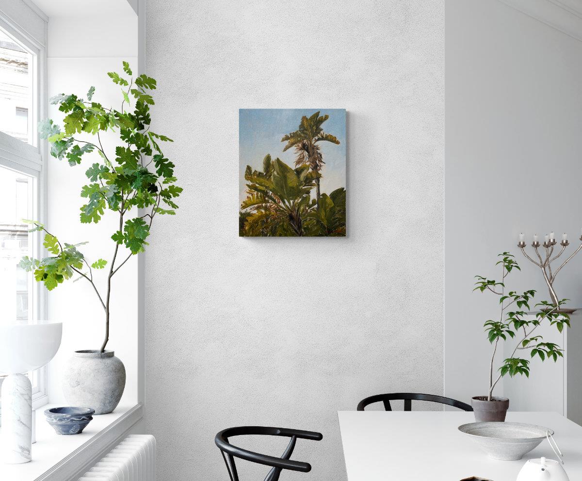 oil painting on canvas of banana trees against a blue sky
