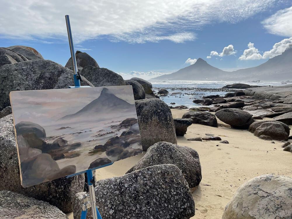 Plein air painting of Lions Head from Oudekraal