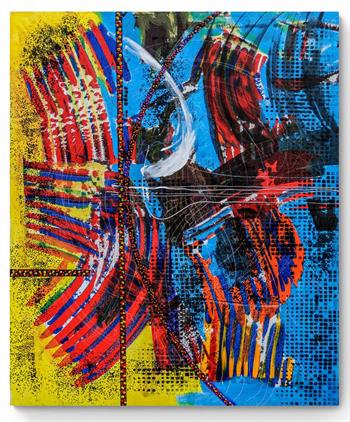 large vibrant abstract painting in red, yellow and blue