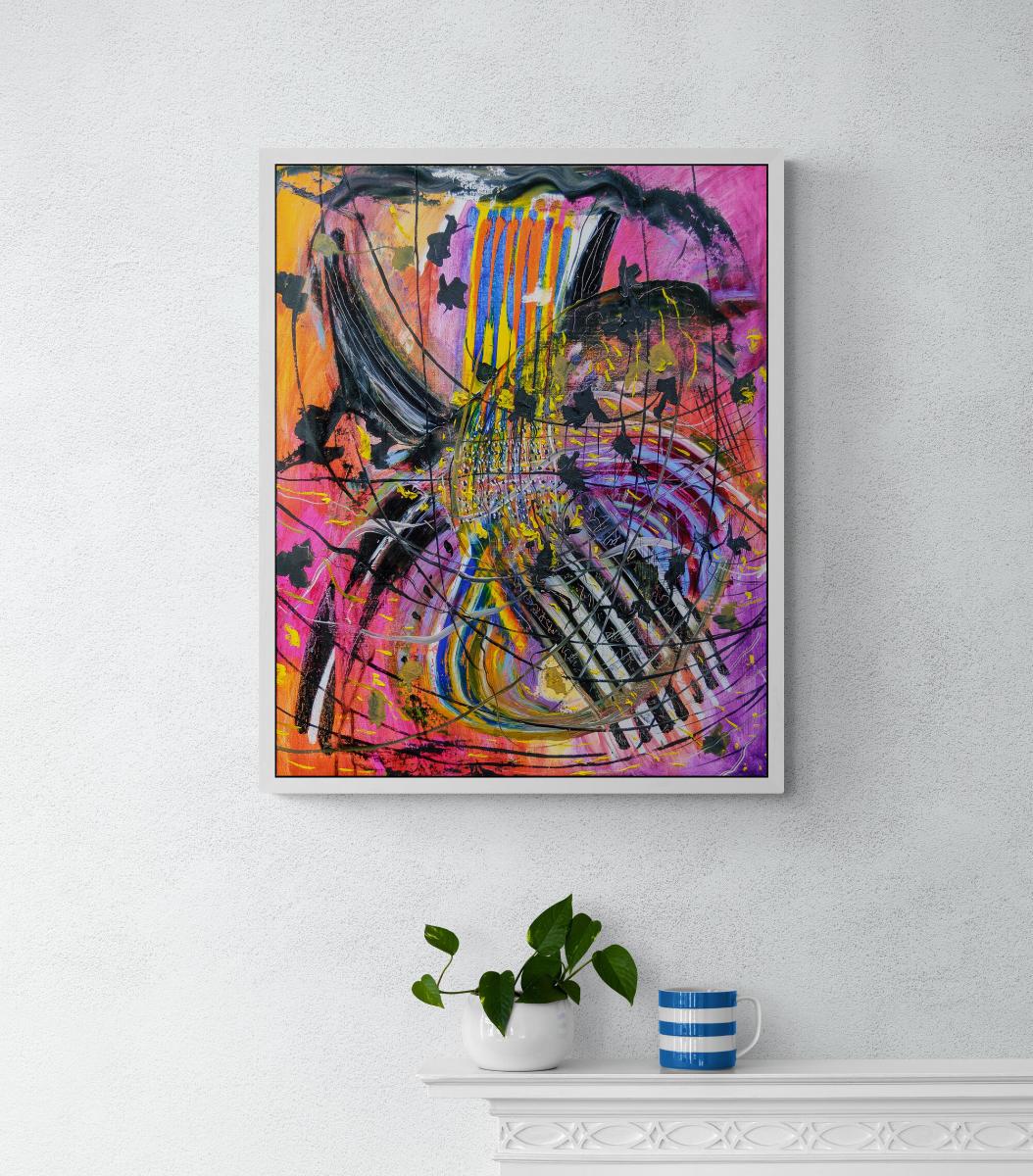 modern abstract oil painting on canvas in pink and orange