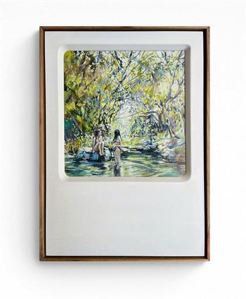 framed painting of young women bathing in the river