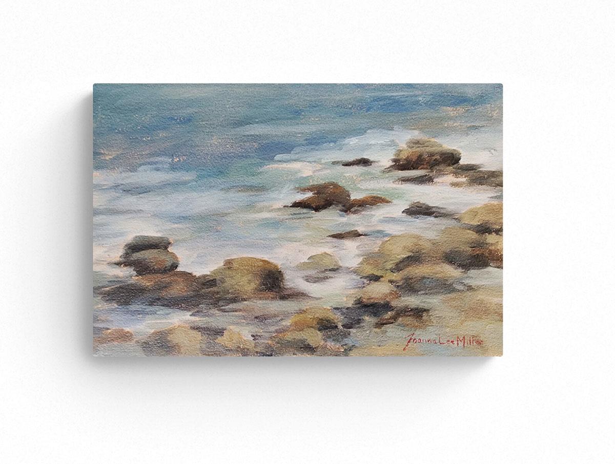 small plein air oil painting of rocks in the ocean