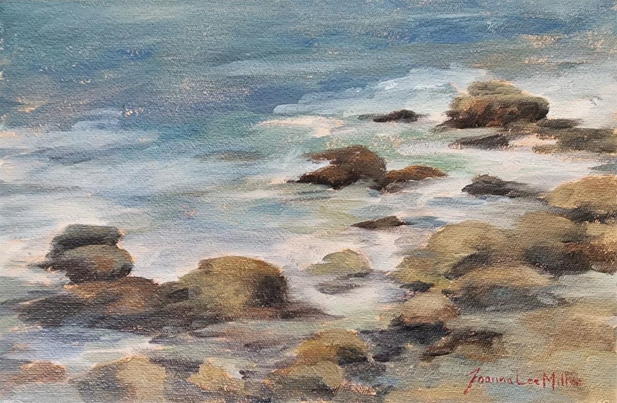small plein air oil painting of rocks in the ocean