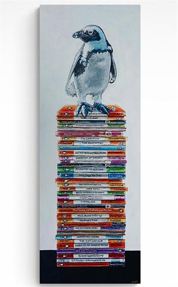 fun painting of a penguin standing on a pile of penguin books
