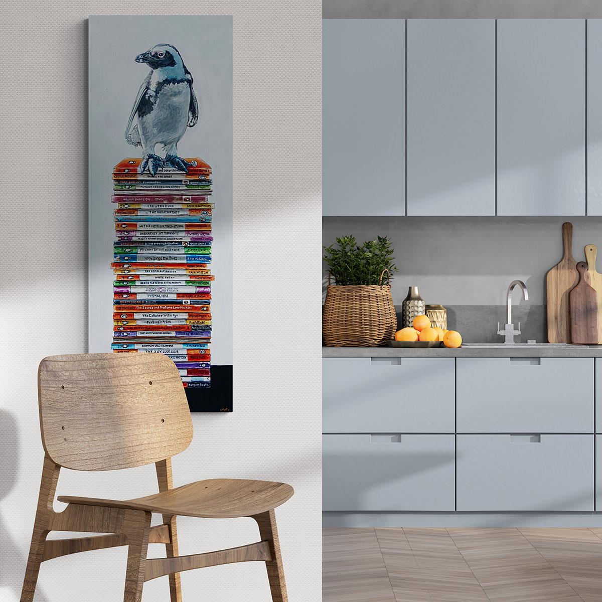 fun painting of a penguin standing on a pile of penguin books