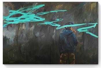 large painting on two panels of the man talking on his mobile phone