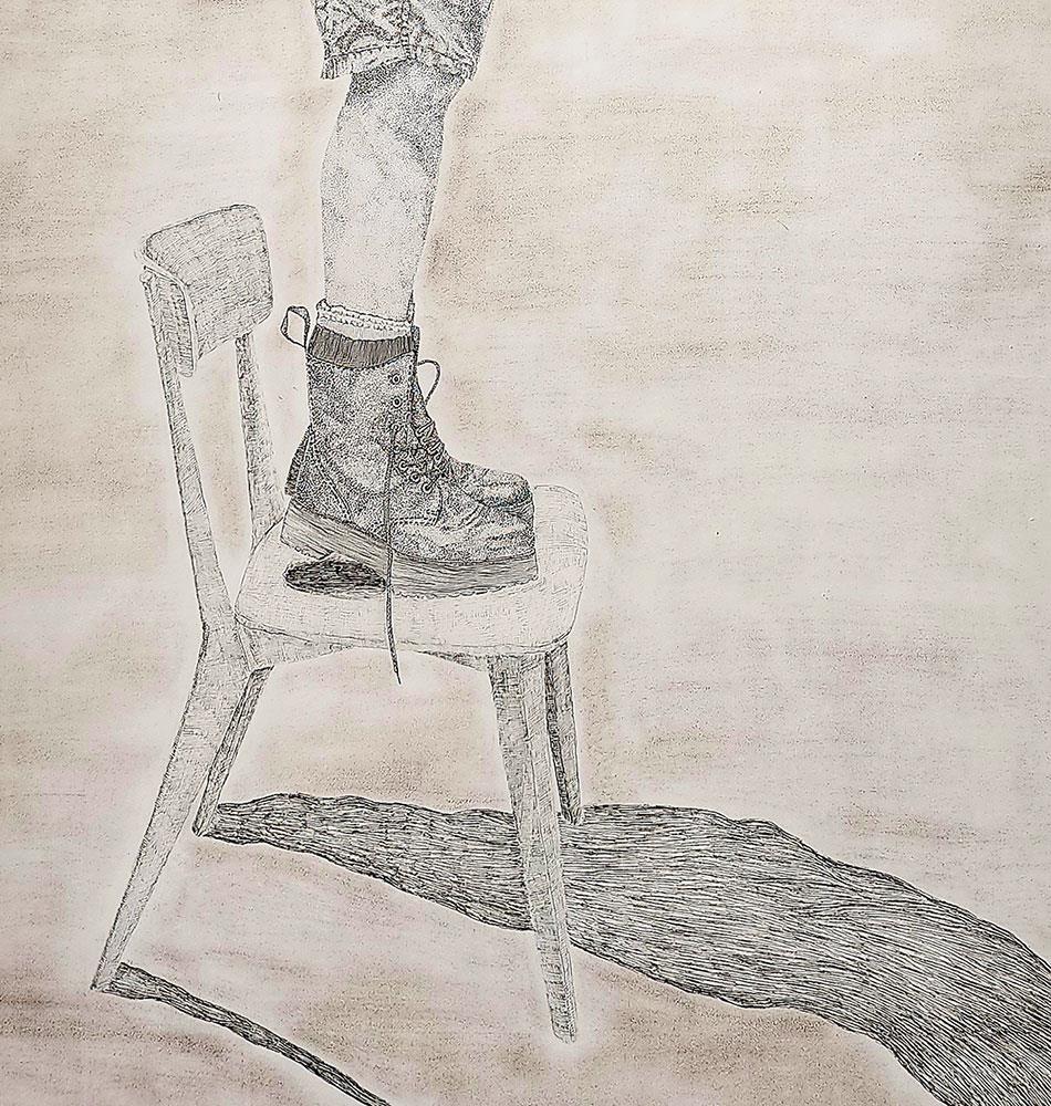 large drawing of a young girl standing on a chair