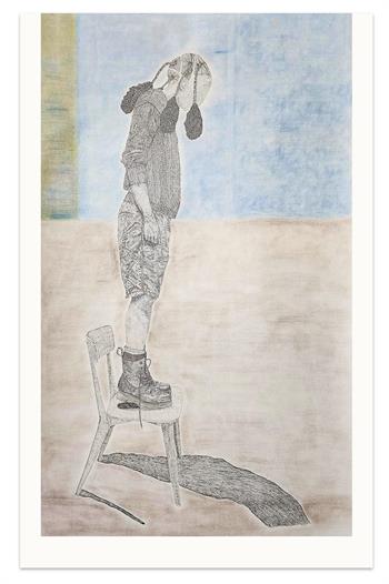 large drawing of a young girl standing on a chair