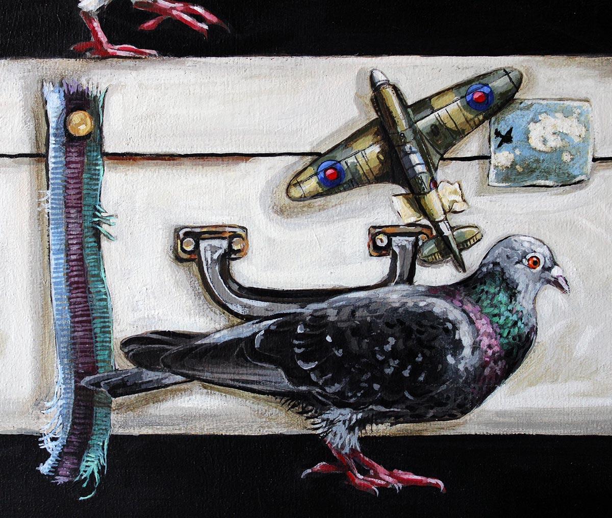 Still life painting of pigeons perched on a vintage suitcase