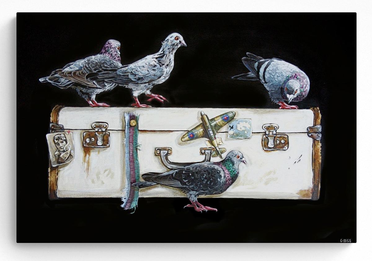 Still life painting of pigeons perched on a vintage suitcase
