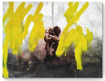 extra large painting of a crouching man with yellow graffit paint