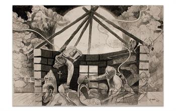 detailed ink drawing of people being tested for Covid in Africa