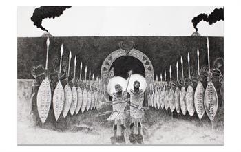 detailed ink drawing od Xhosa warriors with two initiates