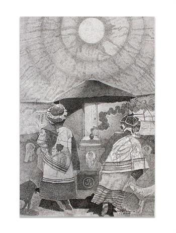 detailed ink drawing of two Xhosa women sangomas