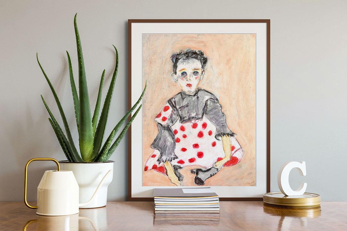 painting on paper bird of a girl wearing a polka dot dress
