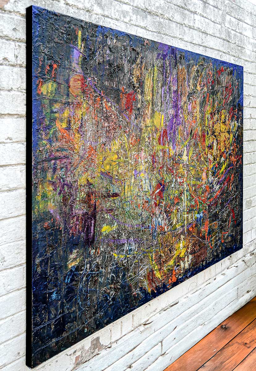 very large abstract painting with thick textured oil paint on the canvas