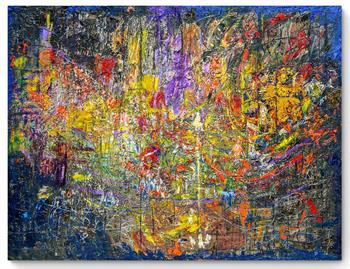 very large abstract painting with thick textured oil paint on the canvas