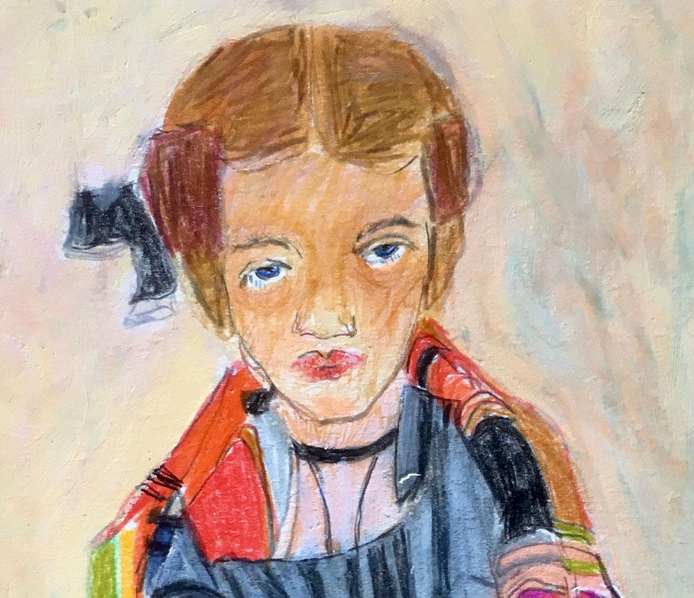 expressionistic watercolour painting on paper of a girl wearing a cloak