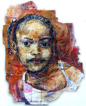 artwork of a young African girl made from collage on card