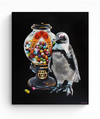 contemporary painting of a penguin next to a gumball dispenser