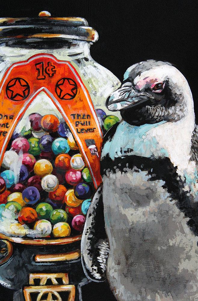 contemporary painting of a penguin next to a gumball dispenser