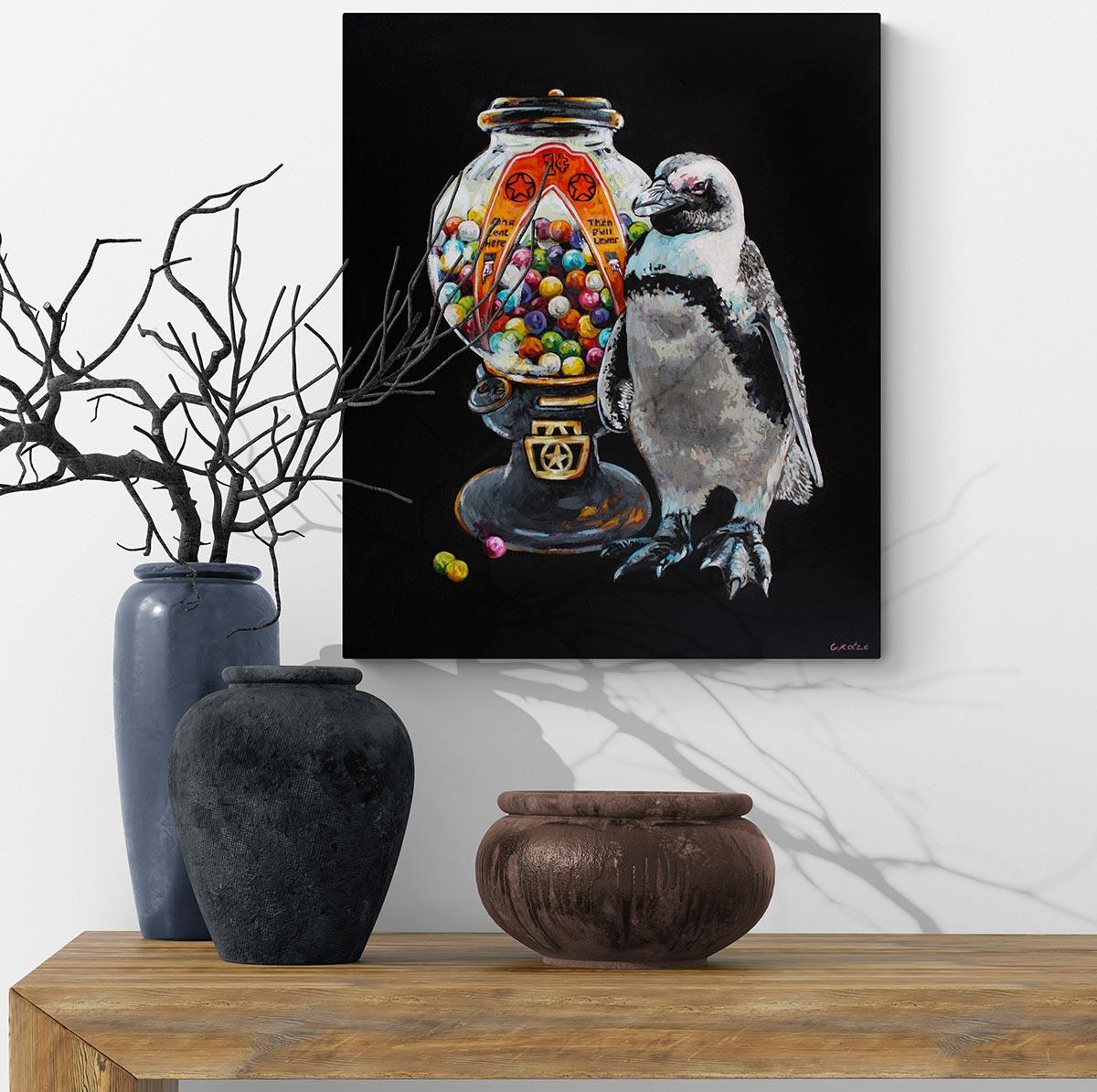 contemporary painting of a penguin next to a gumball dispenser