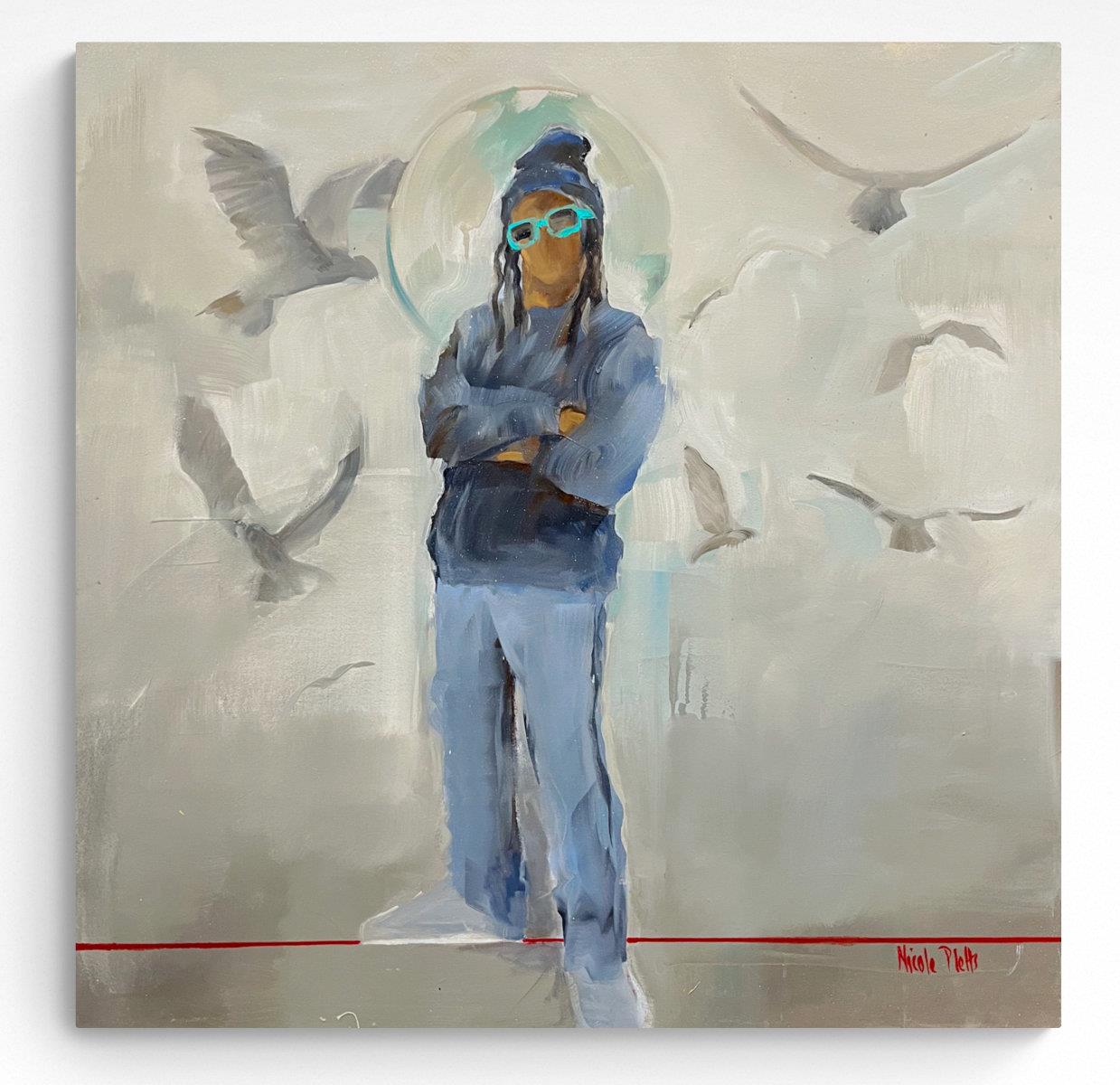 painting on canvas of casually dressed person surrounded by birds