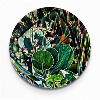 detailed botanical painting by Claudia Gurwitz on a round canvas