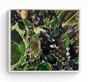 detailed botanical painting on canvas in white shadow box frame