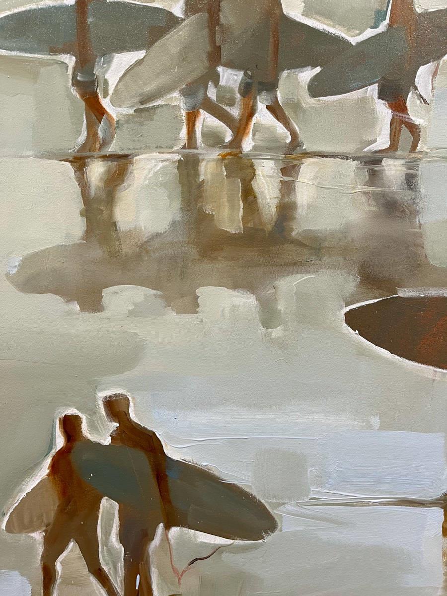 large oil painting of a group of surfers on the beach