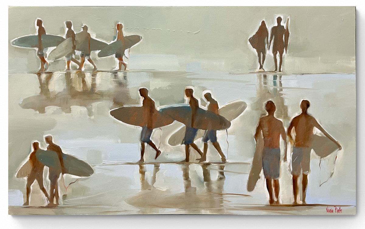 large oil painting of a group of surfers on the beach
