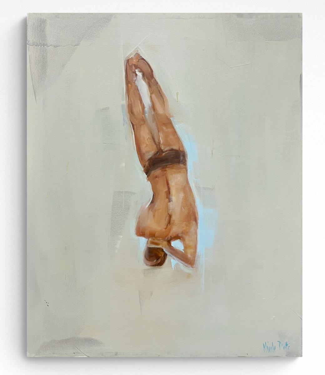 painting on canvas of a man diving into water