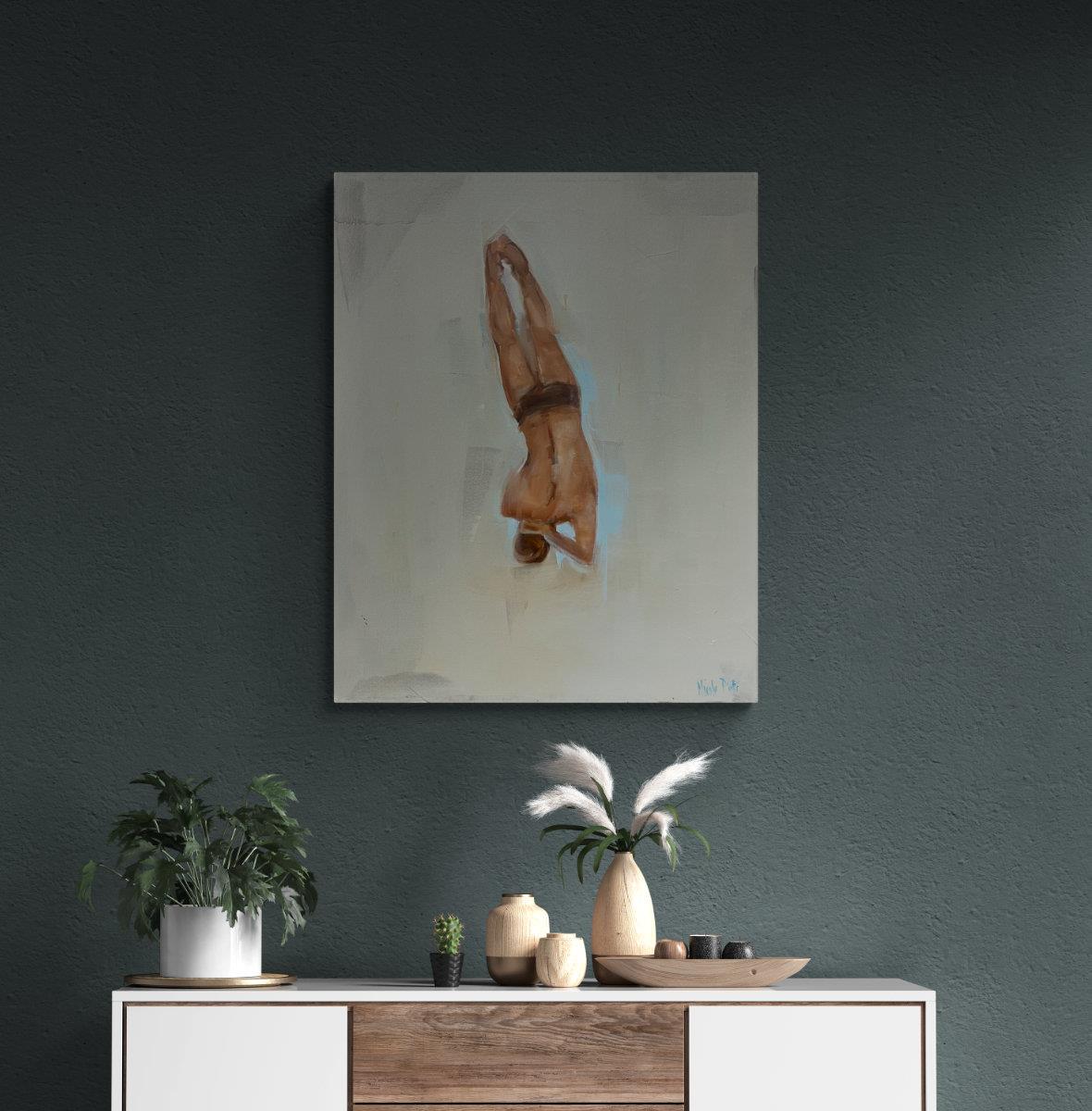 painting on canvas of a man diving into water