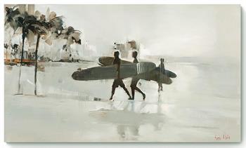 large painting of surfers on the beach in the early morning light