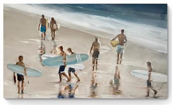 large oil painting of people with surf boards on the beach
