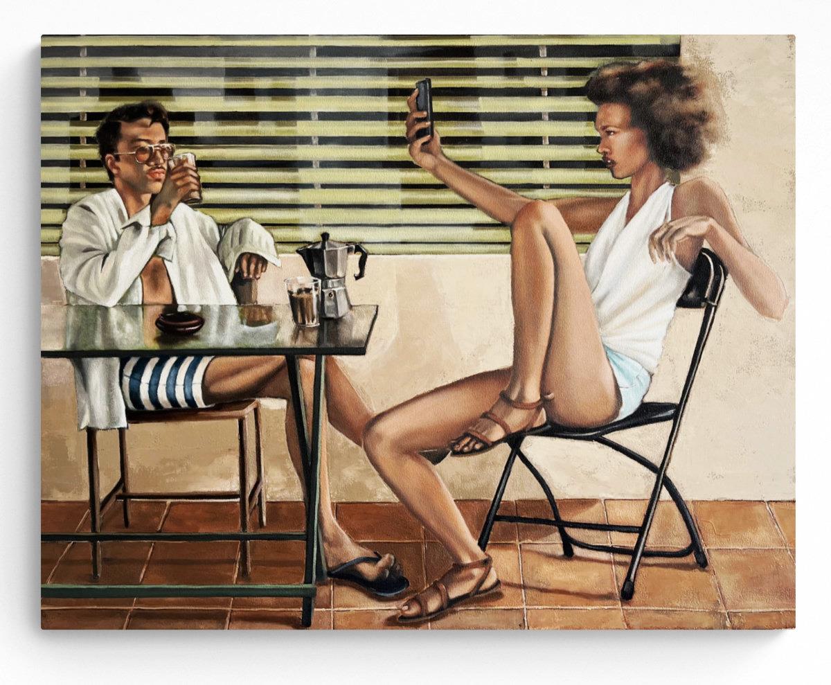 painting of a couple relaxing with a cup of coffee on holiday