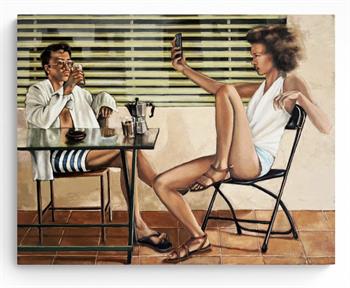 painting of a couple relaxing with a cup of coffee on holiday