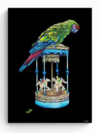 still life painting of a parrot perched ontop of a child's toy