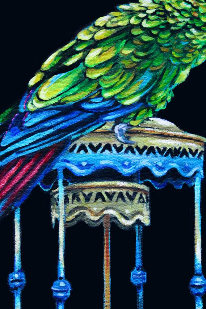 still life painting of a parrot perched ontop of a child's toy