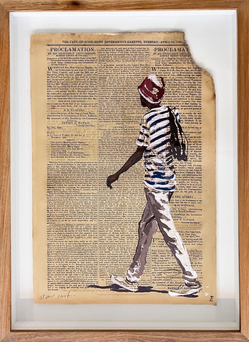 framed painting on vintage newsprint of a man walking
