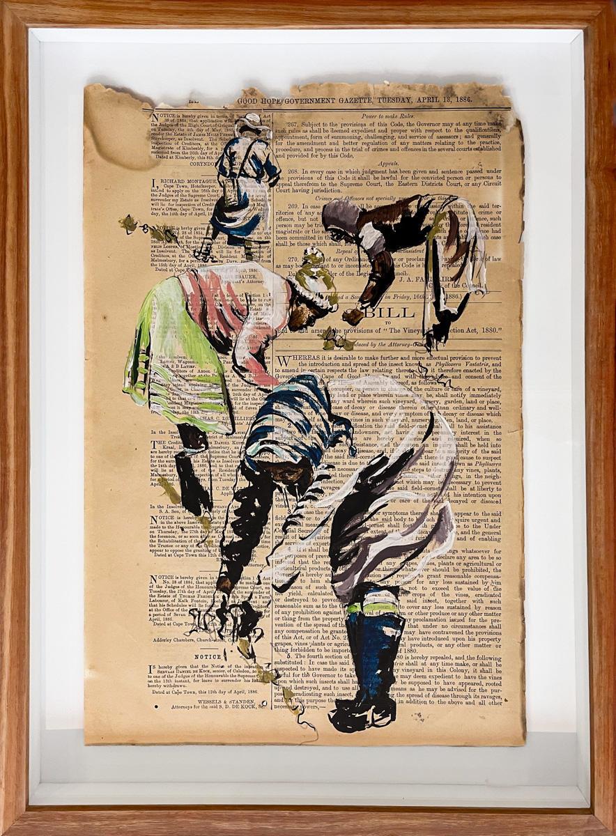 framed painting on old newspaper of fruit picker in South Africa