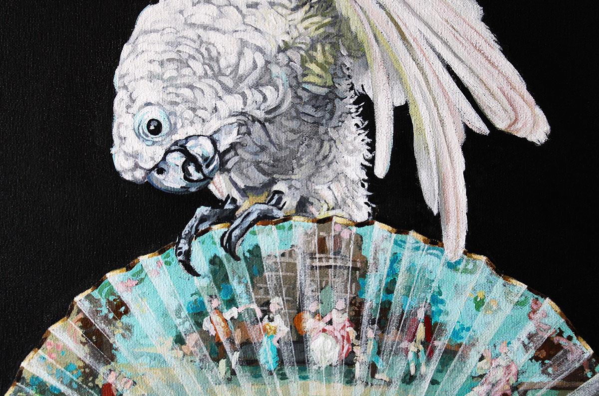 still life painting of a cockatiel perched on an ornate fan