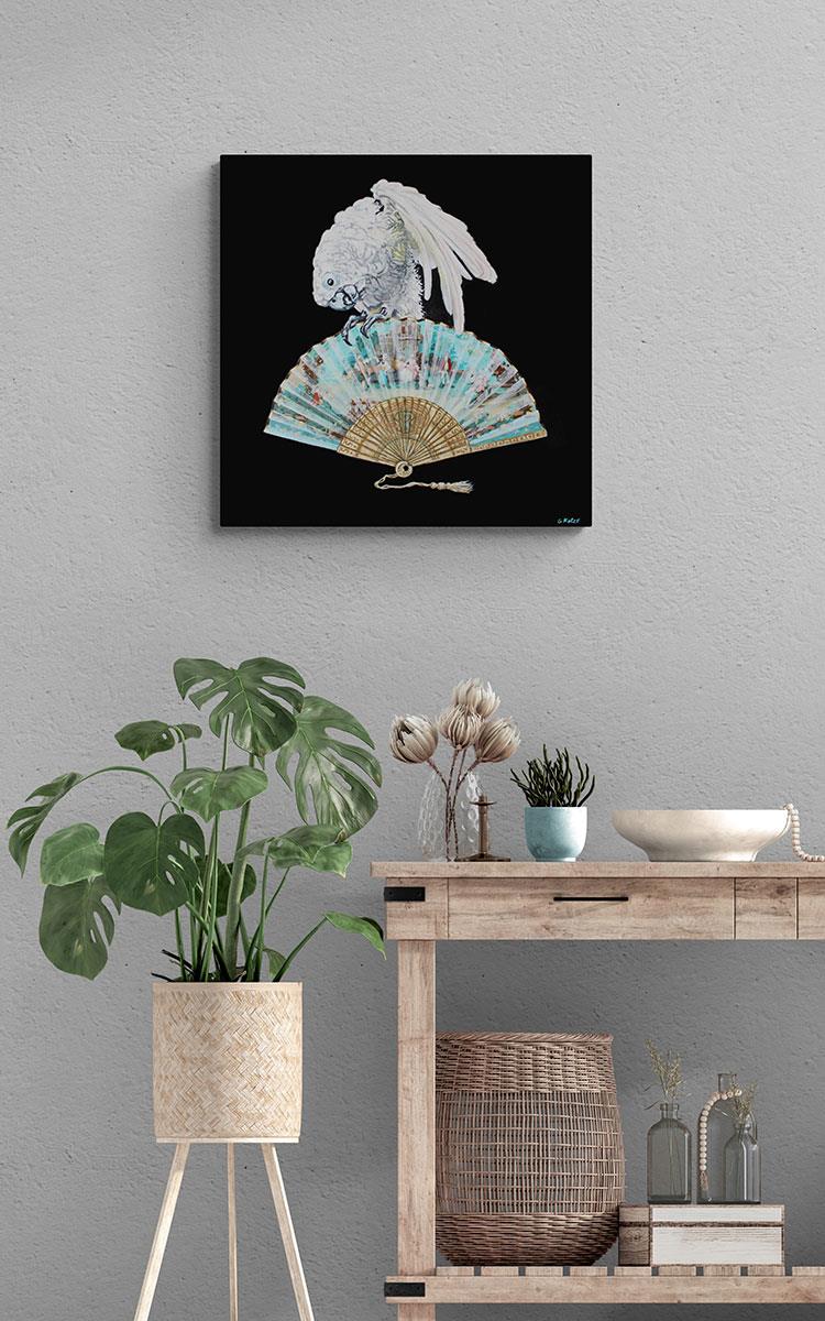 still life painting of a cockatiel perched on an ornate fan
