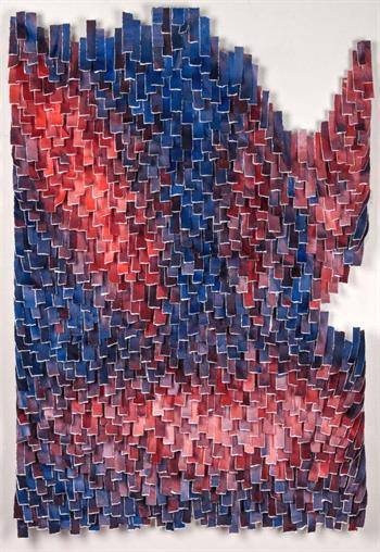 large blue and red collage artwork made from handtorn paper