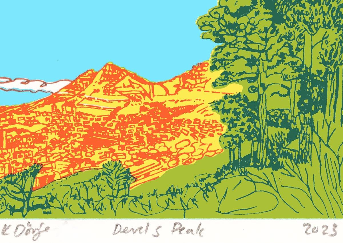 small handmade art print on paper of Devil's Peak in Cape Town