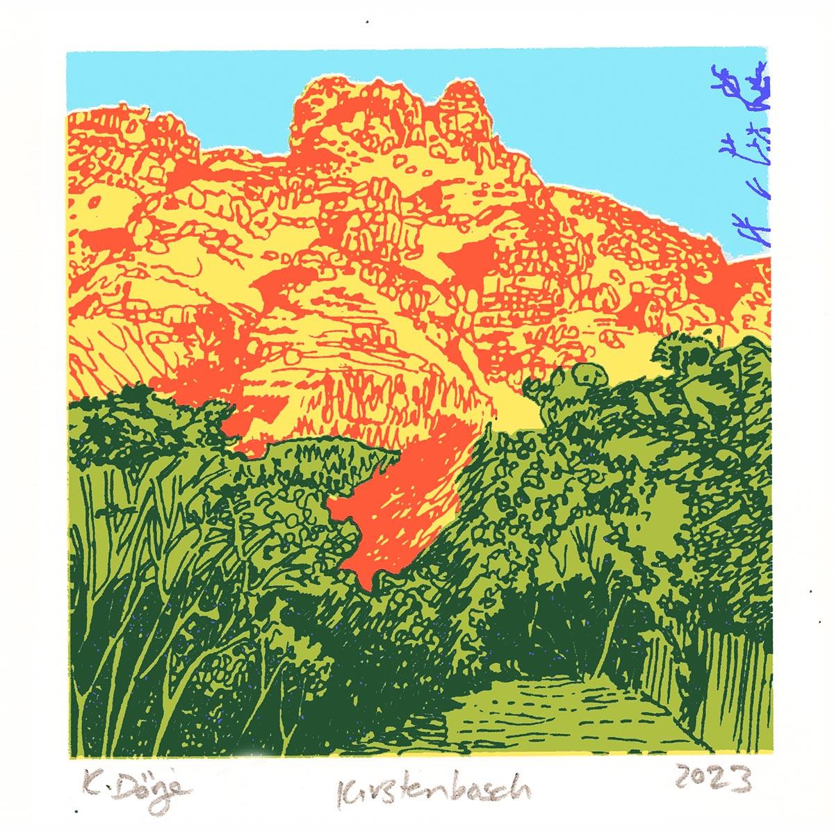 small silkscreen artwork of a view from Kirstenbosch Botanical Gardens
