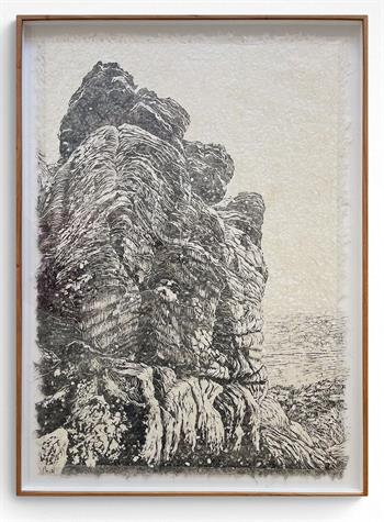 framed woodblock print in dark navy of a Cederberg rock formation