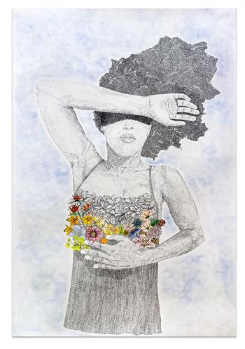 detailed mixed media drawing on paper of a young woman holding flowers