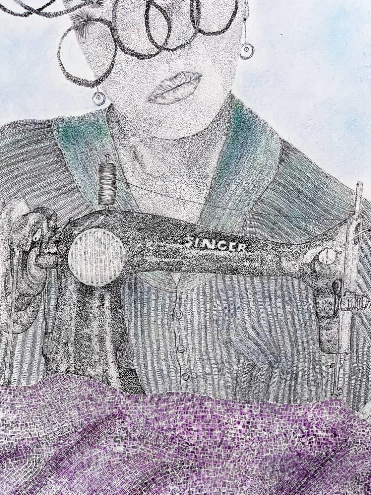 detailed drawing of a woman with a Singer sewing machine